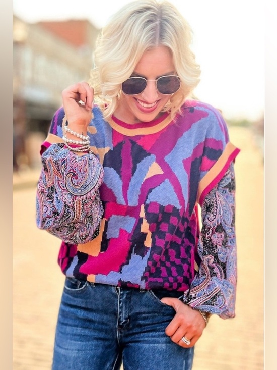 Golden by Goldie Boutique Pink Woven Contrast Print Balloon Sleeve Sweater Small - Picture 8 of 8